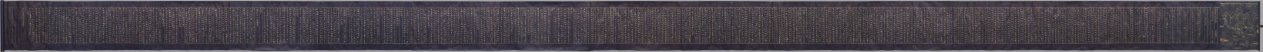 Late-Heian handscroll fragment, gold and silver ink on indigo-dyed paper, 1100s, 26.4 × 670.6 cm. Vertical sutra-script columns in metallic ink on deep blue.