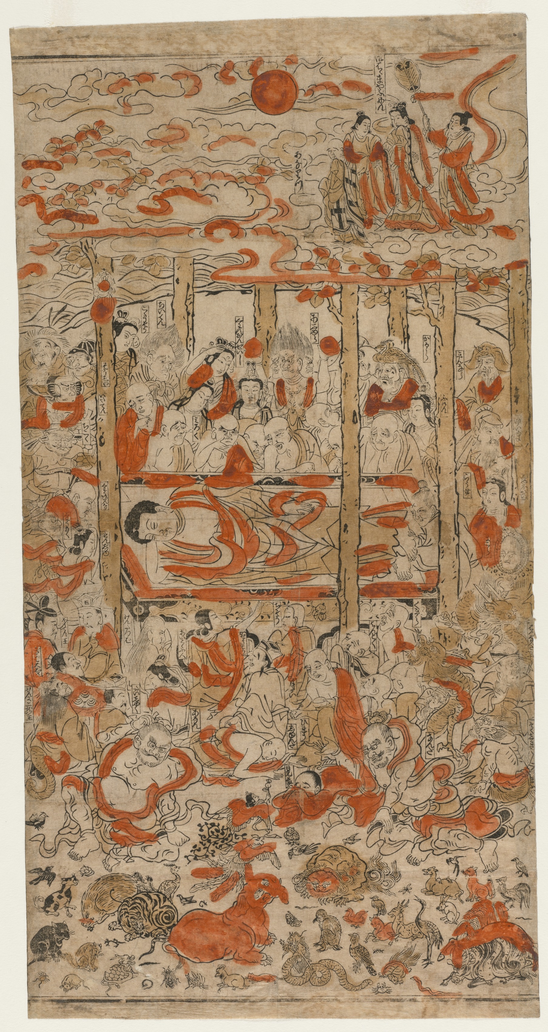 Edo c. 1710s tan-e woodblock print, vermilion hand-applied over black-line block, 54 × 28 cm. Reclining Buddha on a canopied platform; Queen Maya descends; mourners.