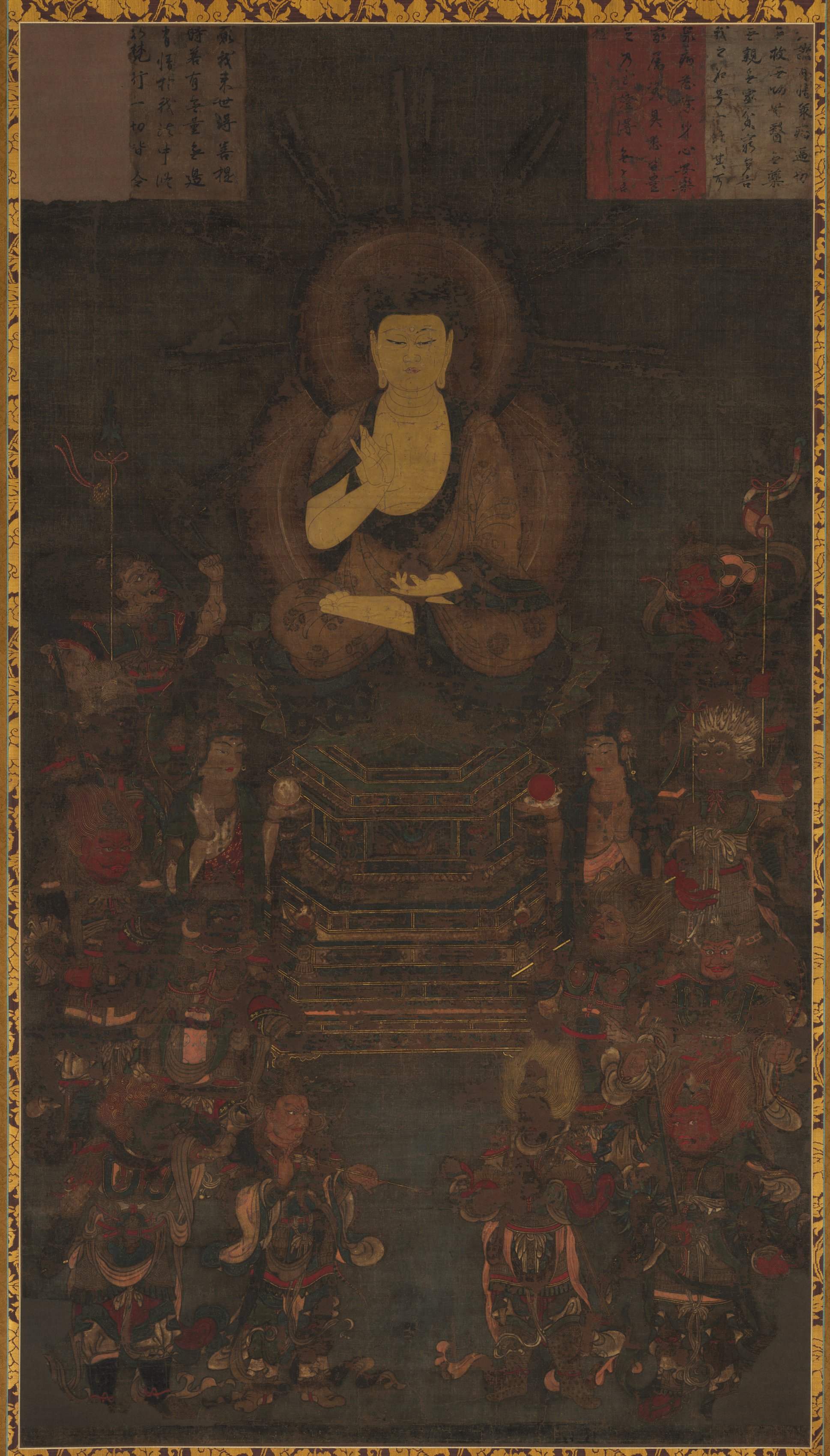 Kamakura 1200s hanging scroll, ink colour gold and silver on silk, 151 × 84 cm. Gold Yakushi on a shumidan altar with medicine jar; Nikkō and Gakkō flank; twelve generals.