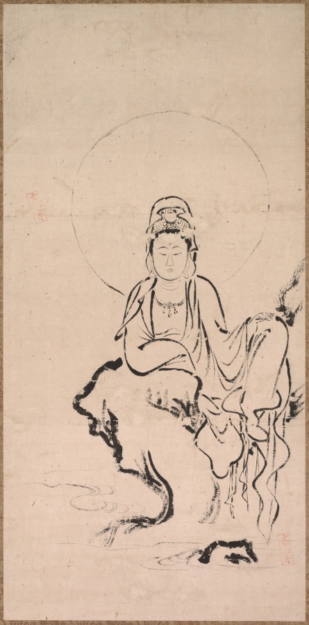 Seated bodhisattva in royal-ease posture on a darkly-inked rock by water, head veiled and crowned, with a single thin ink-circle halo behind. Multiple collector seals visible.