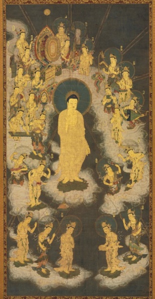 Kamakura hanging scroll, ink colour and gold on silk, 1300–1333, 172 cm. Frontal gold Amida with ~20 bodhisattvas symmetrically on cloud — Genshin-style raigō.