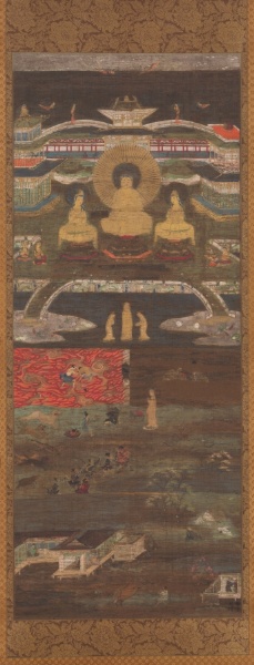 Kamakura 1200s hanging scroll, colour gold silver and kirikane on silk, 125 × 51 cm. Niga byakudō: Amida's pavilion above, rivers of fire and water, a white path between.