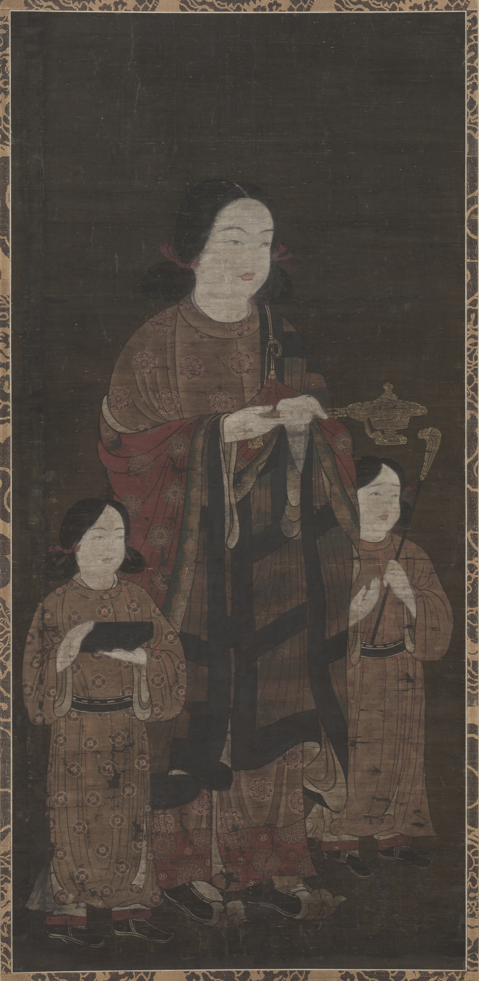 Muromachi hanging scroll, ink and colour on silk, 1400s–1500s, 122 cm. Standing prince Shōtoku with a long-handled incense burner — the kōyō-zō type.