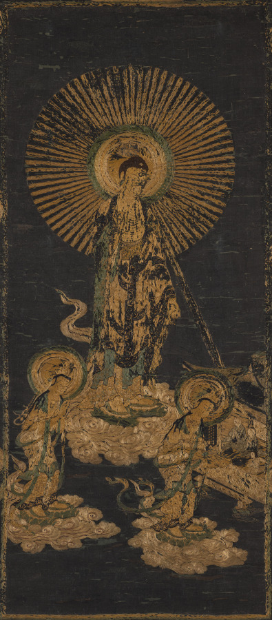 Muromachi 15th-c. embroidered hanging scroll in silk and human hair, 109 × 37 cm. Amida descends with Kannon and Seishi; a monk, a woman, a child pray below.