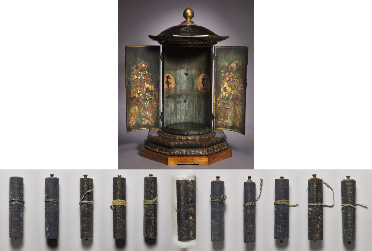 Late-Heian lacquered-wood standing sutra repository, late 1100s, 160 cm. Domed lid, open doors with Daihannya protectors and Sanskrit bīja; eleven scrolls.