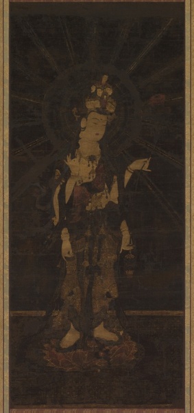 Kamakura 1200s hanging scroll, colour and kirikane on silk, 107 × 40 cm. Four-armed Jūichimen Kannon on a red lotus base; cut-gold patterning on the robes.
