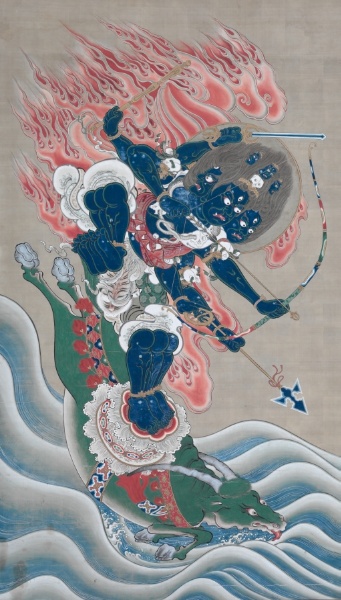 Edo mid-1800s hanging scroll, ink colour and gold on silk, 250 × 143 cm. Six-headed six-armed blue Daiitoku Myōō riding a green water buffalo; red flames.