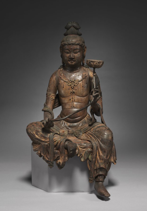 Kamakura mid-1200s seated wood bodhisattva in royal-ease (lalitāsana). Worn polychromy with surviving cut-gold kirikane on headband, armbands, necklace.