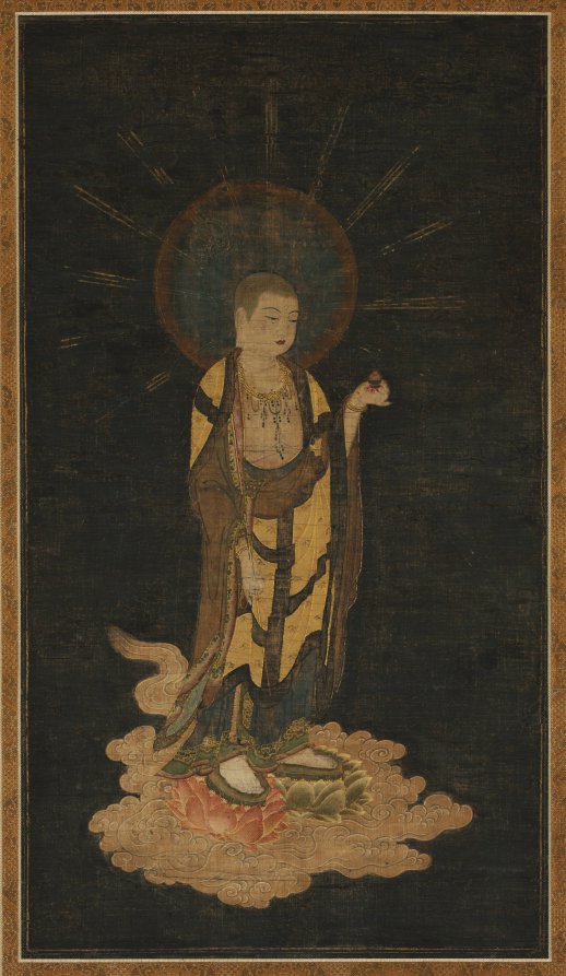 Kamakura 13th-c. hanging scroll, colour gold and kirikane on silk, 59 × 33 cm. Monk-form Jizō descends on lotus with cintāmaṇi and shakujō; cut-gold robe.