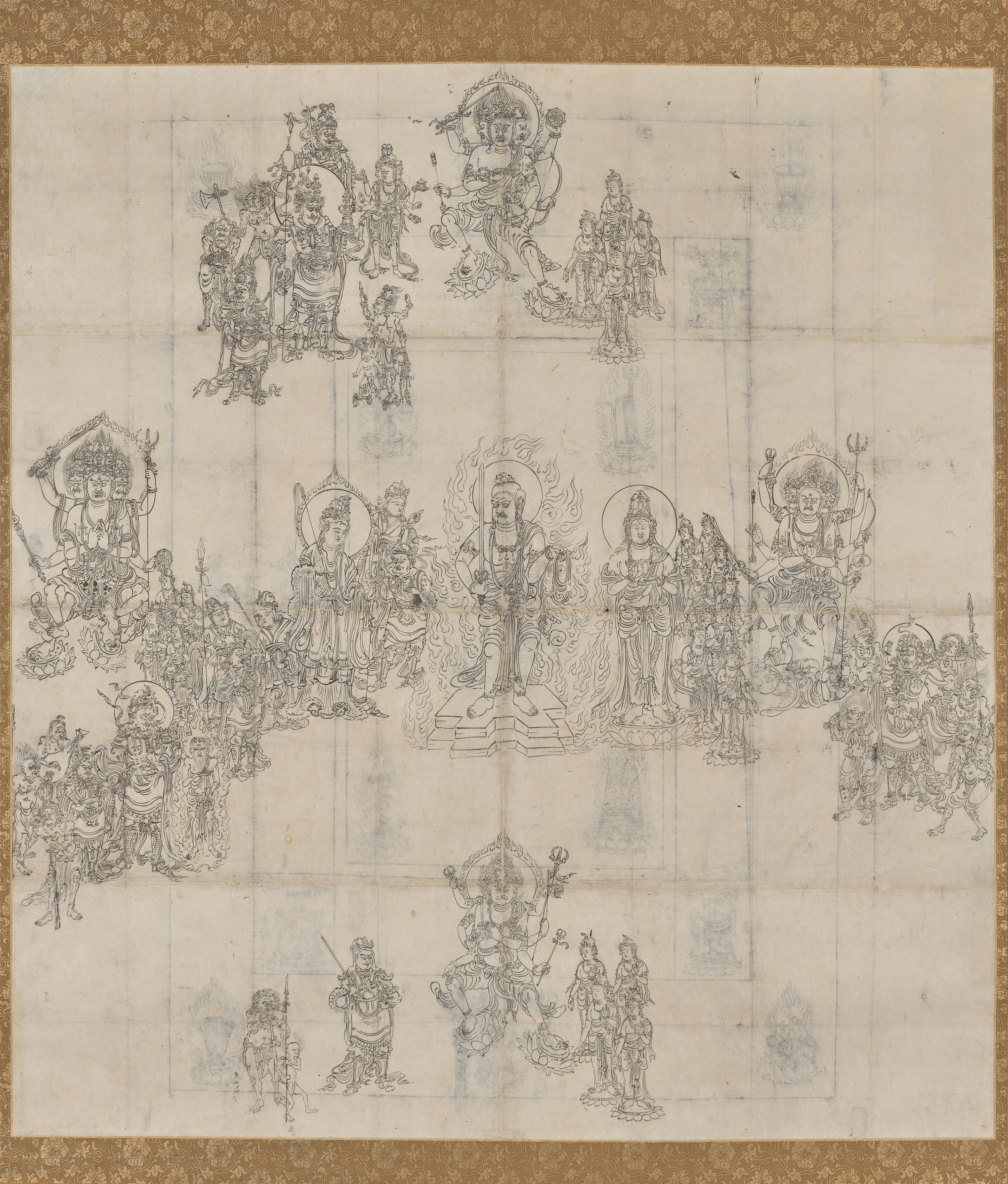 Heian zuzō working drawing for the Ninnōkyō mandala, 1100s, ink on paper, 122 × 112 cm. Fudō Myōō at centre, four wisdom kings holding the directions.