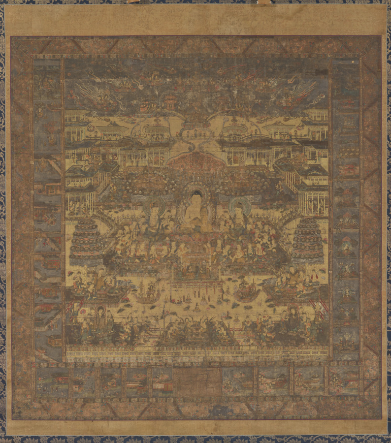 Kamakura early-14th-c. Taima Mandala hanging scroll, ink colour and gold on silk, 136 × 140 cm. Sukhāvatī centre; Vaidehi left, contemplations right, rebirth grades below.