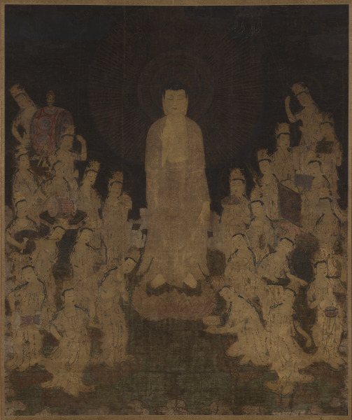 Nanbokuchō mid-1300s hanging scroll, ink colour gold silver and kirikane on silk, 165 × 138 cm. Standing gold Amida with twenty-five bodhisattvas; biwa, shō, drums.