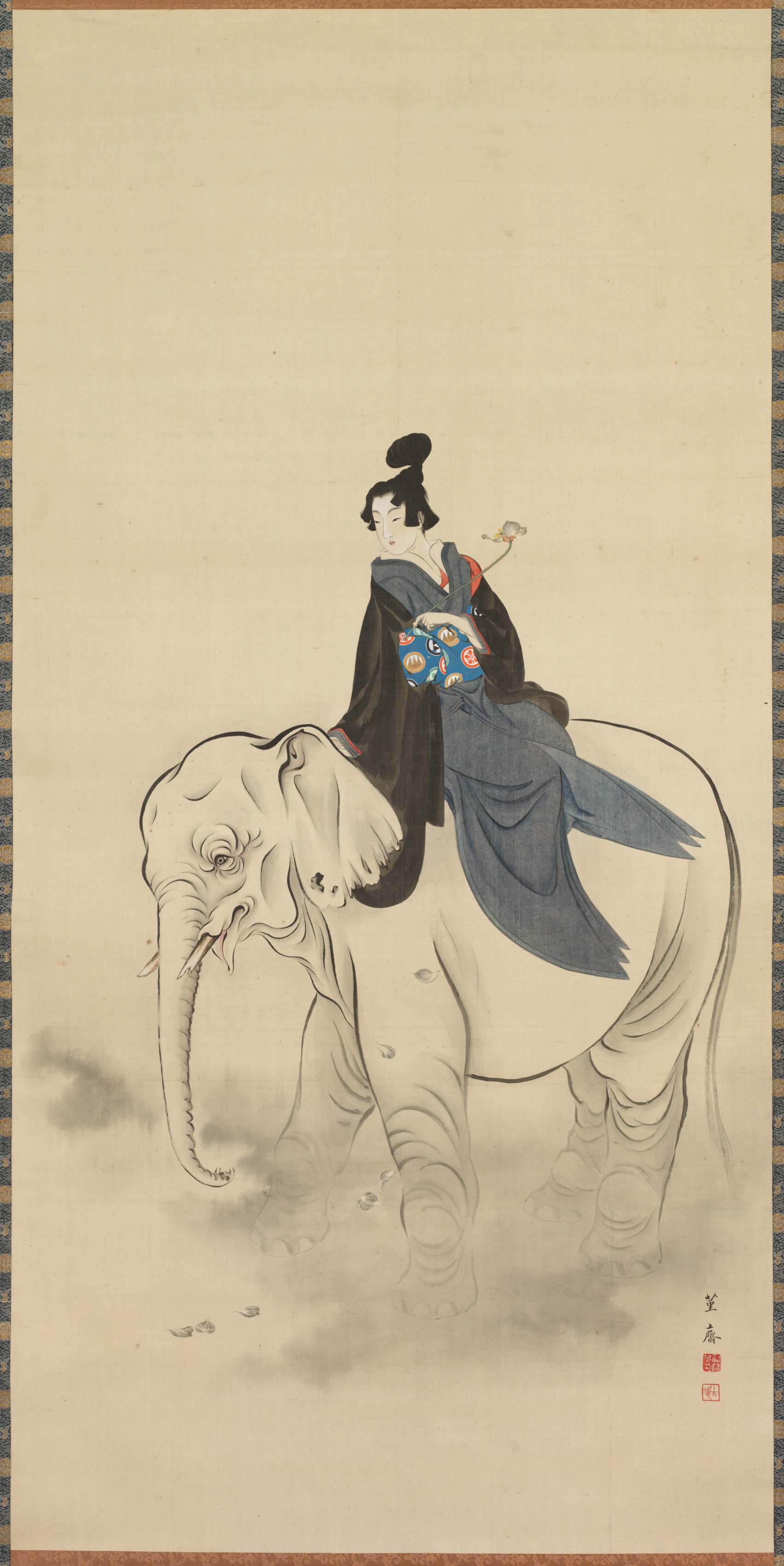 Hanging scroll: a standing woman in late-Edo dress with built-up pinned hair holds one lotus stem; a few petals fall; the silk around her is bare, with no elephant and no halo.