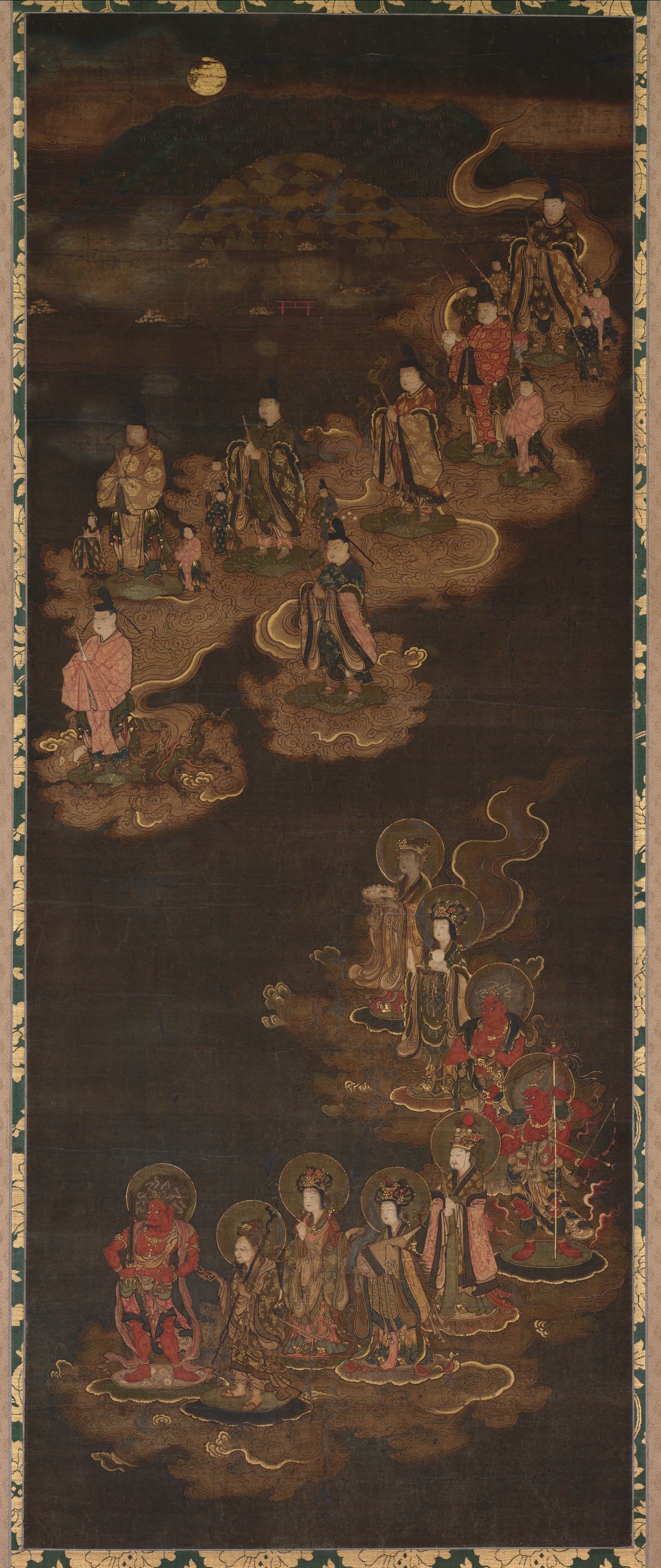 A tall Nanbokuchō hanging scroll: the moon and the Kasuga mountain range with a red torii at the top, the seven Big Dipper stars as robed figures descending on cloud banks in the