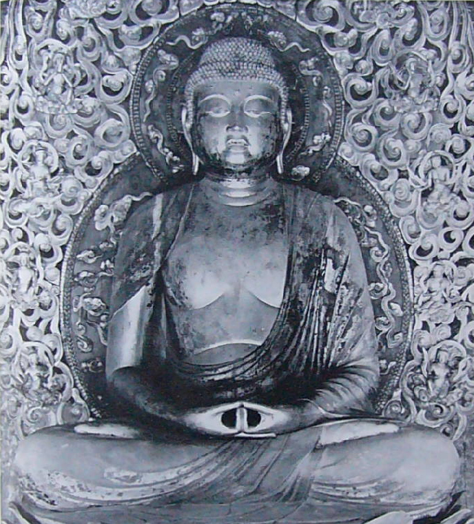 Byōdō-in Hōō-dō Amida by Jōchō, Heian 1053, gilt wood, 277.2 cm seated. Hands in jō-in meditation mudra; the earliest large-scale yosegi-zukuri figure intact.