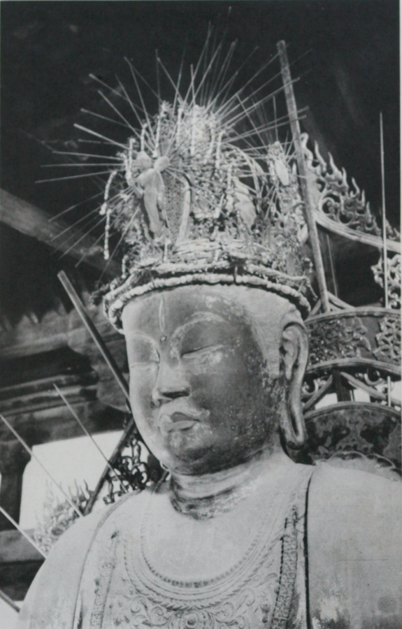 Tōdai-ji Hokke-dō Fukūkenjaku Kannon, Tenpyō dry-lacquer, c. 747, 362 cm seated. Eight arms with lasso, lotus, water-vase; three eyes; silver Amida in the crown.