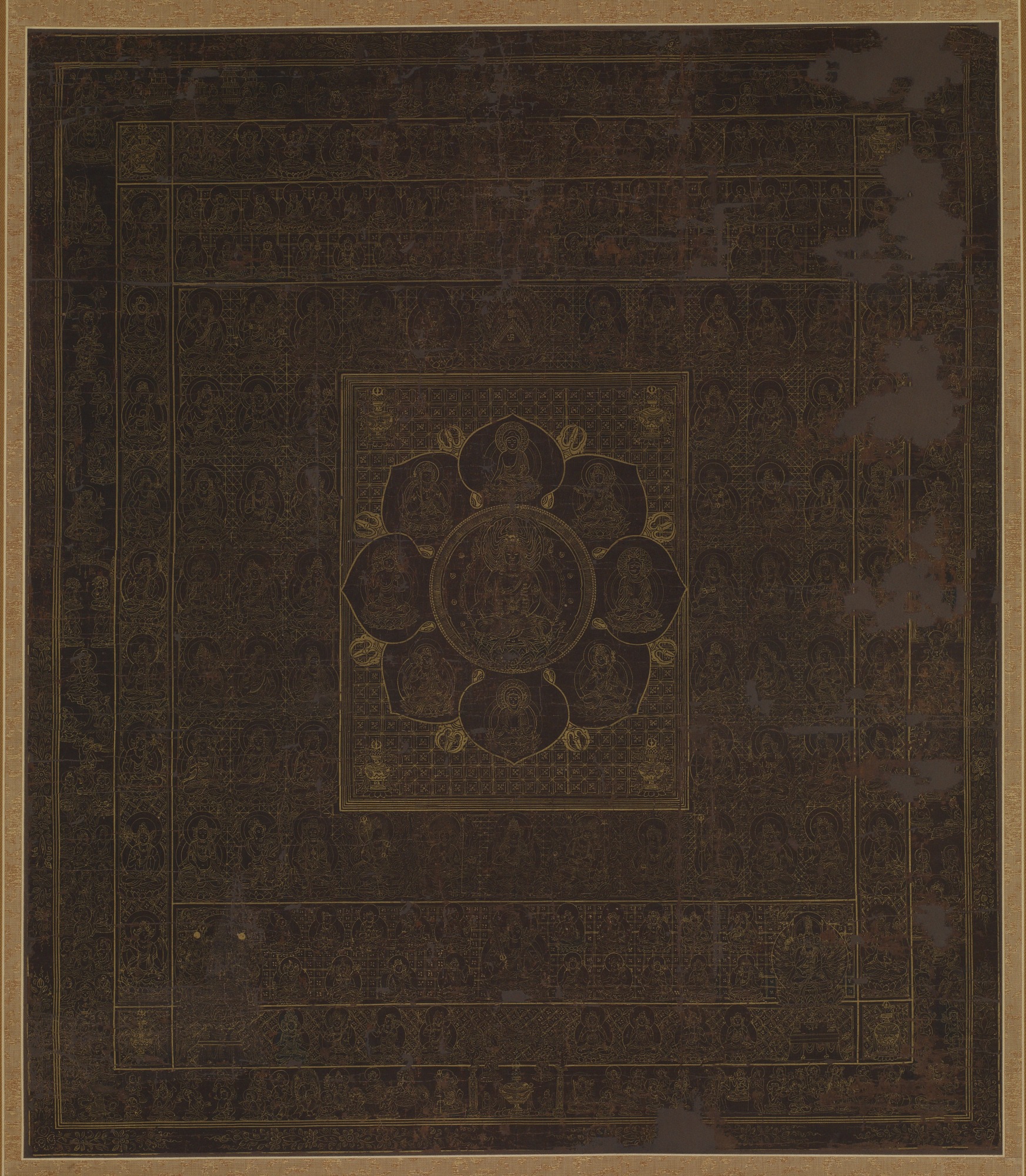 Heian–Kamakura 12th-c. hanging scroll, gold line on purple-dyed silk, 166 × 82 cm. Womb-World (Taizōkai) mandala with the eight-petalled lotus court at the centre.