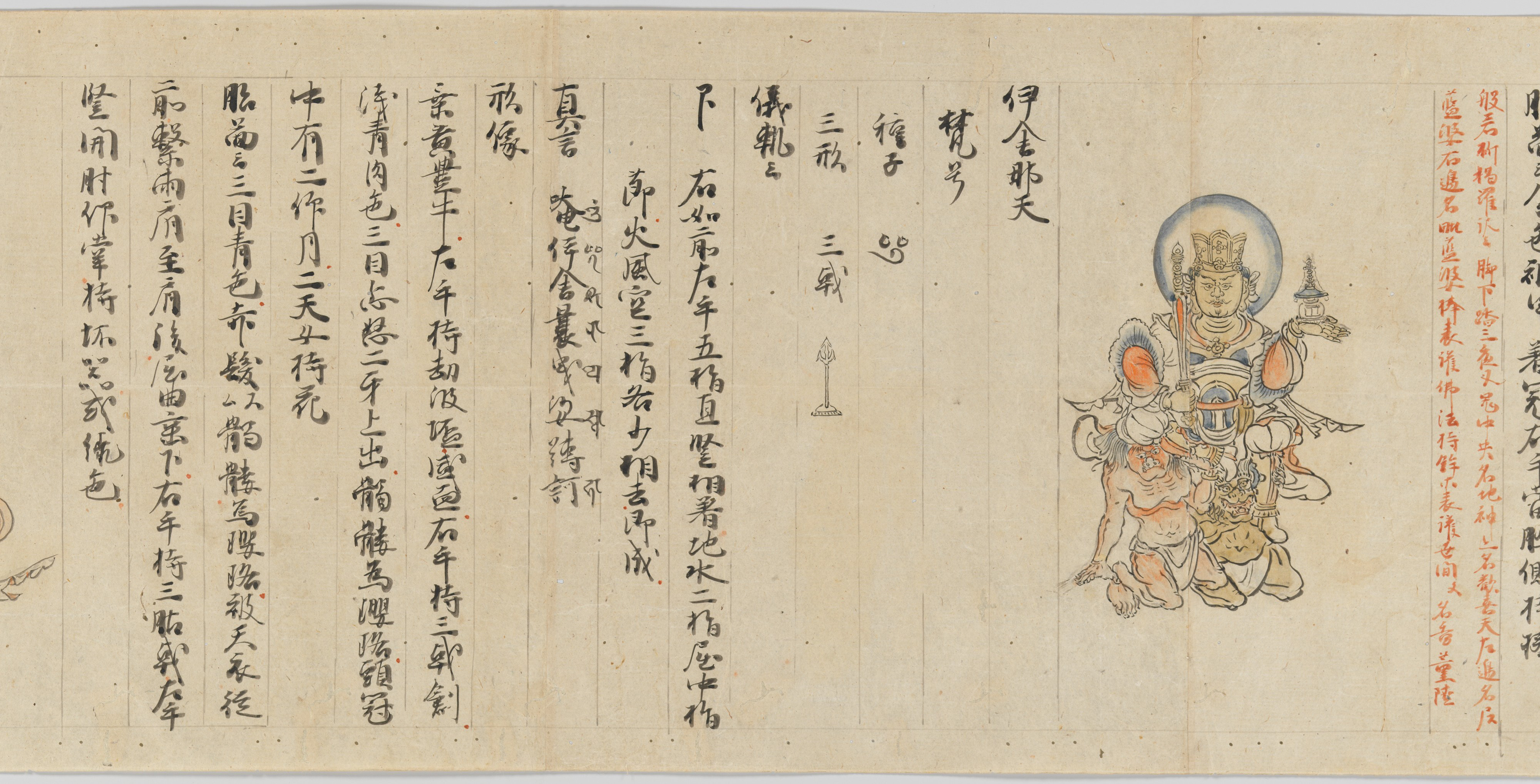 A 16-metre Kamakura handscroll section from the Zuzōshō iconographic compendium, ink and light colour on paper, showing devas (Ten) drawn in line with columns of running-script