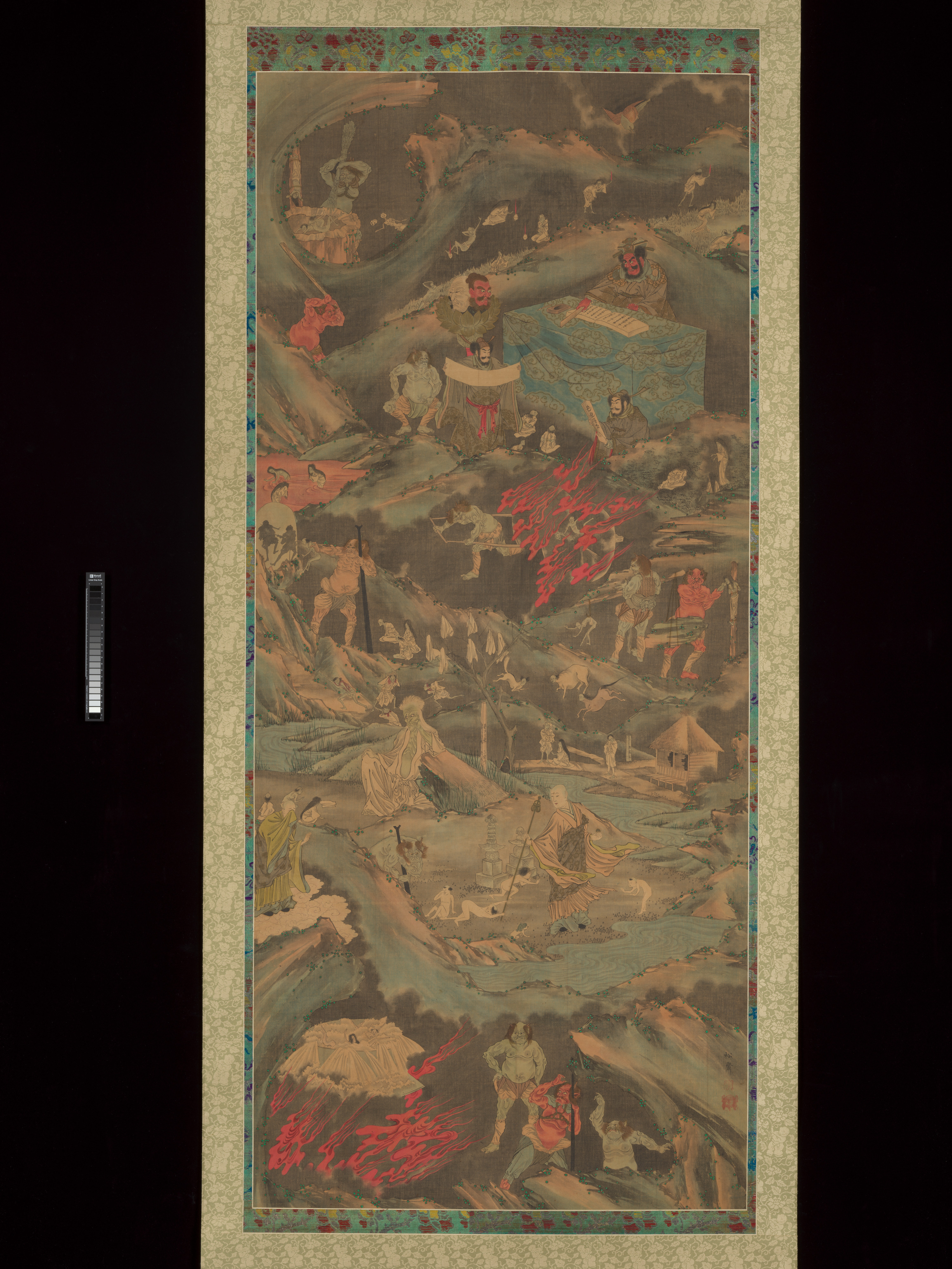 Vertical Japanese hell scroll: a king of hell enthroned at the top, the Sanzu River below with a gaunt white-haired old woman seated at the bank beside a cloth-draped tree.