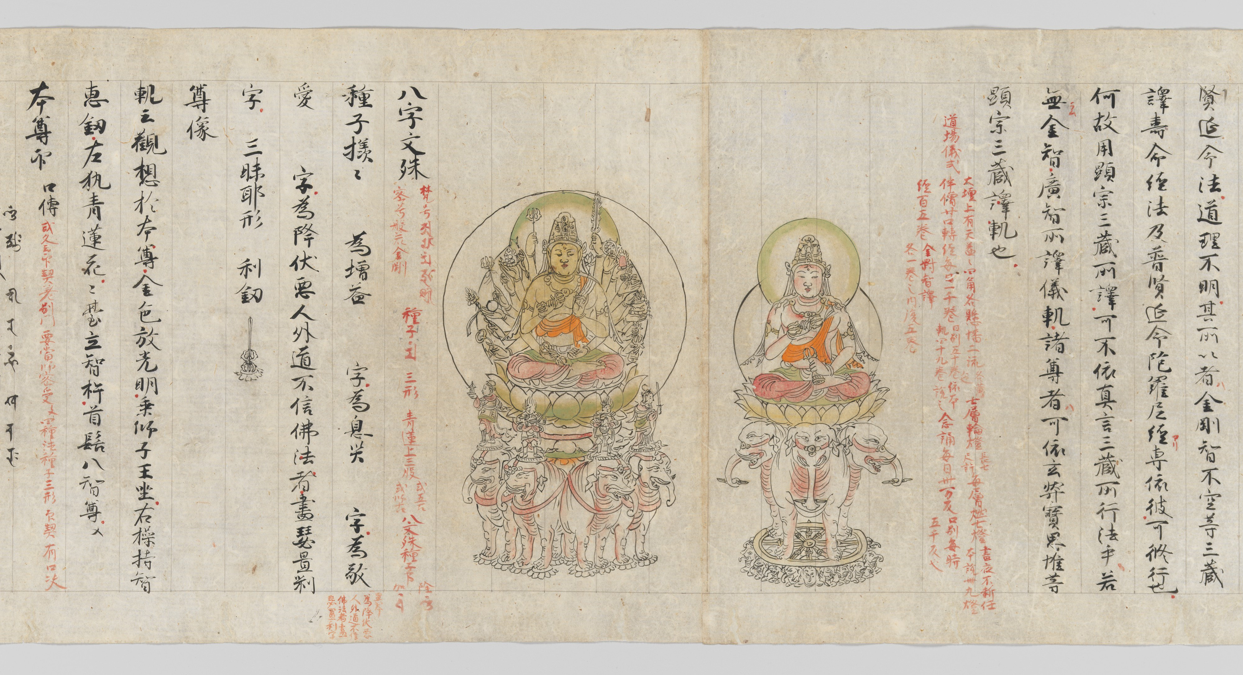 Heian iconographic handscroll: two seated bodhisattvas on lotus thrones over animal pedestals, in fine ink line with thin flat color, set in columns of black text and red notes.