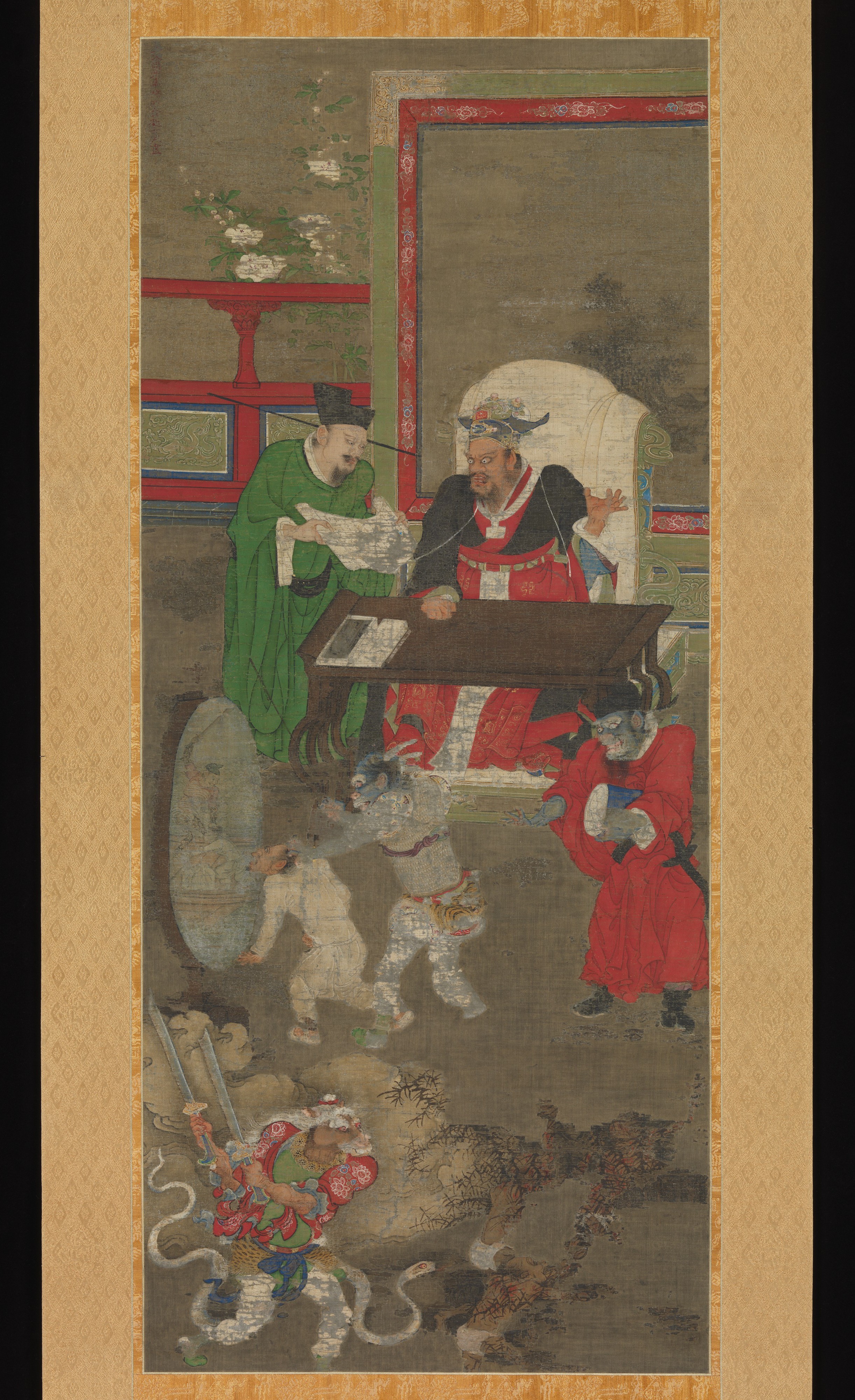 Song hanging scroll: an enthroned underworld king at a bench, a green-robed clerk holding the register, a sword-bearing demon-officer, and below, a bound sinner dragged by