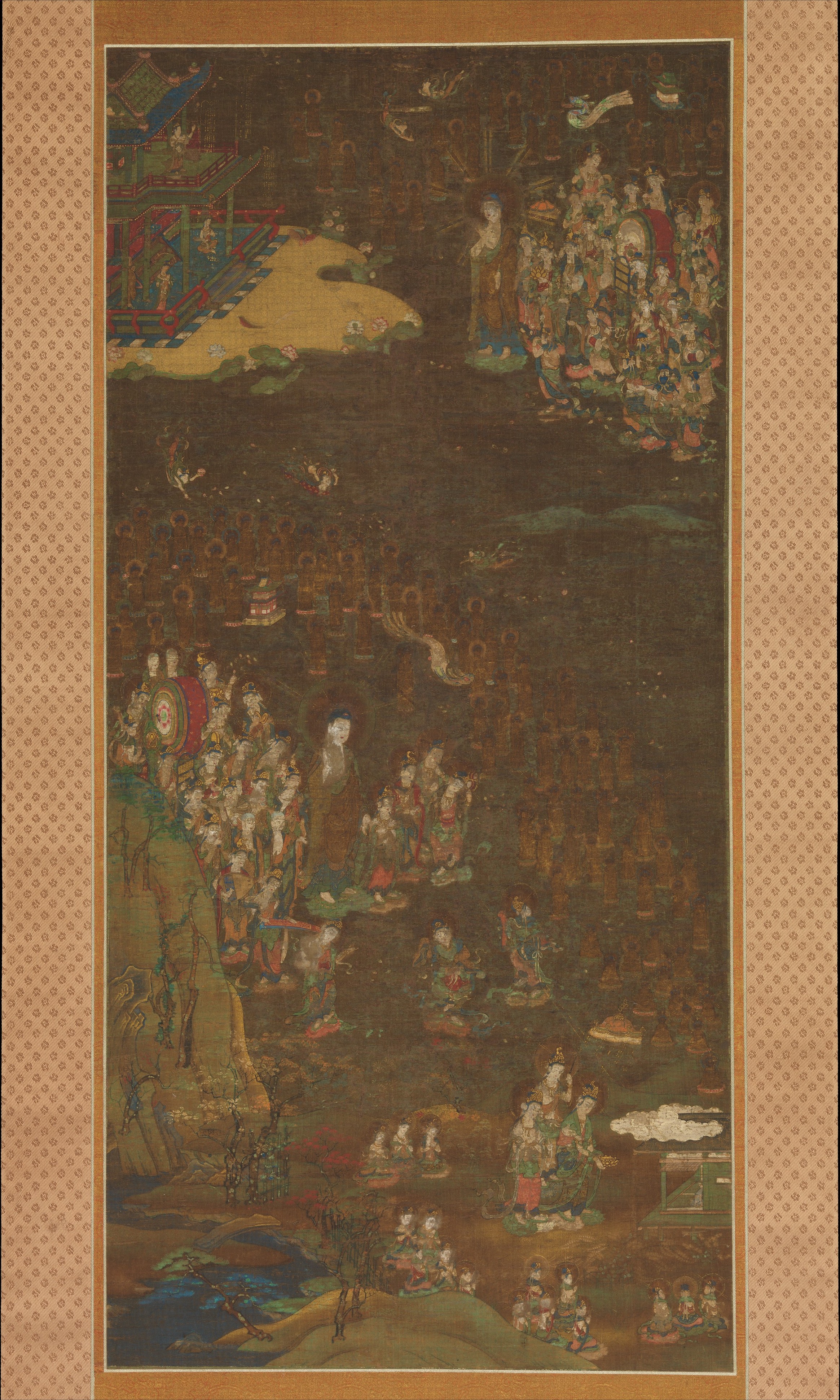 Kamakura c. 1300 hanging scroll, ink and colour on silk, 112 × 53 cm. Amida descends with retinue on the right; on the left they return with the believer's soul.