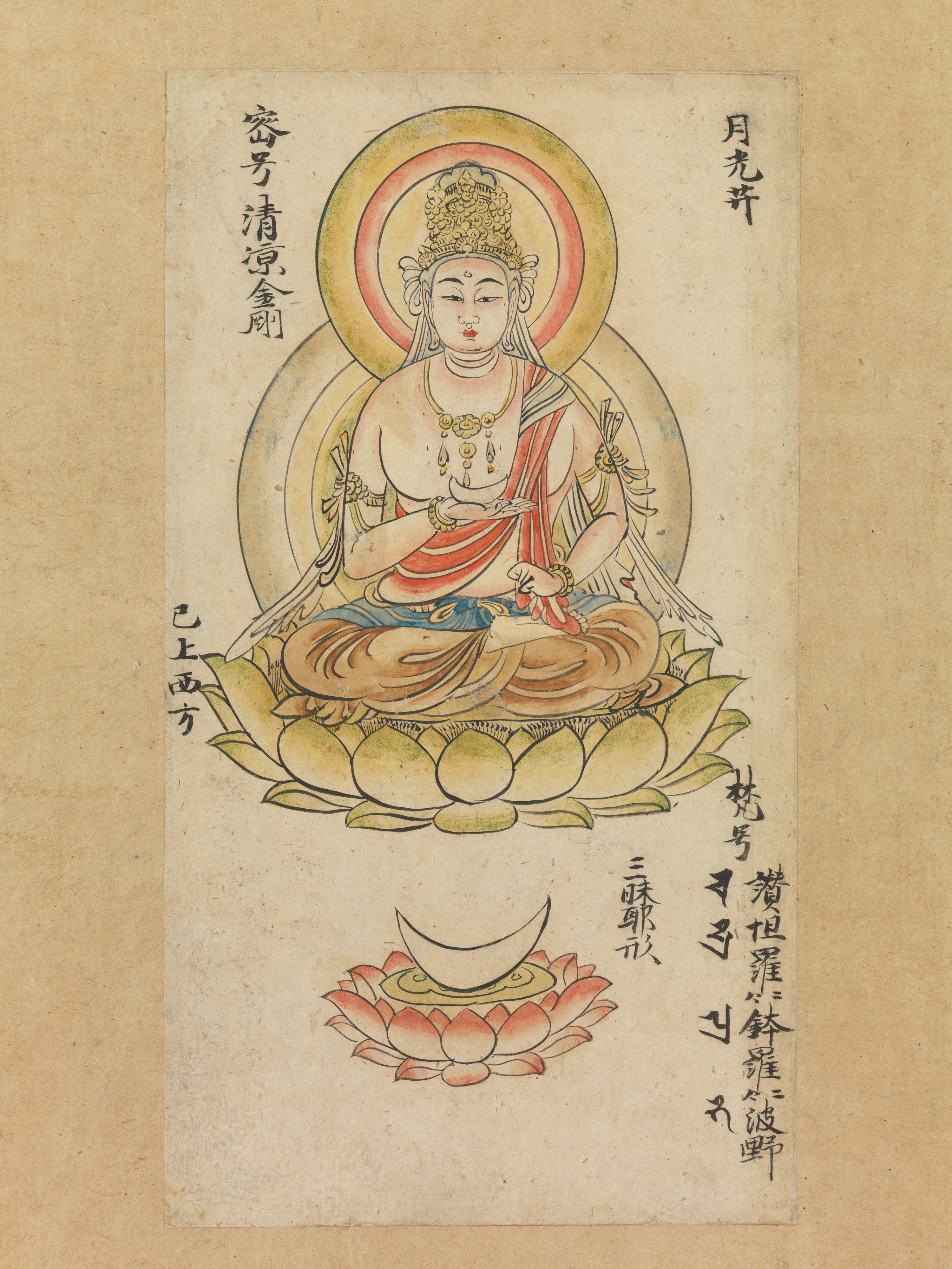 Heian mid-12th-c. Gakkō Bosatsu page from the Kontai butsugajō, ink colour and gold on paper, 25 × 14 cm. Seated bodhisattva in three-quarter view holding a moon-disc.