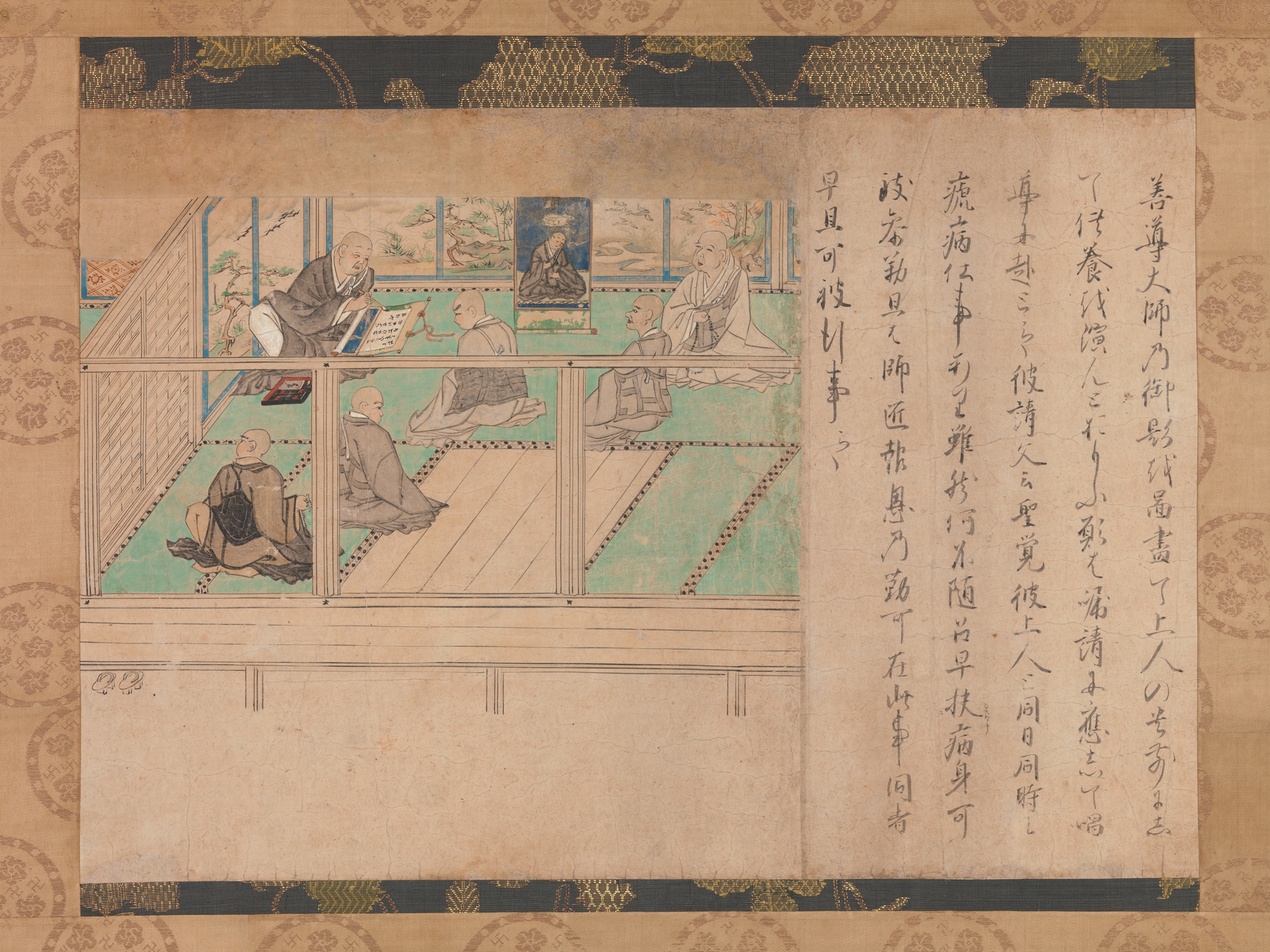 Kamakura handscroll section c. 1310–20, ink and colour on paper, 41 × 38 cm. Hōnen inscribes a portrait of himself for Shinran; master image hangs between them.