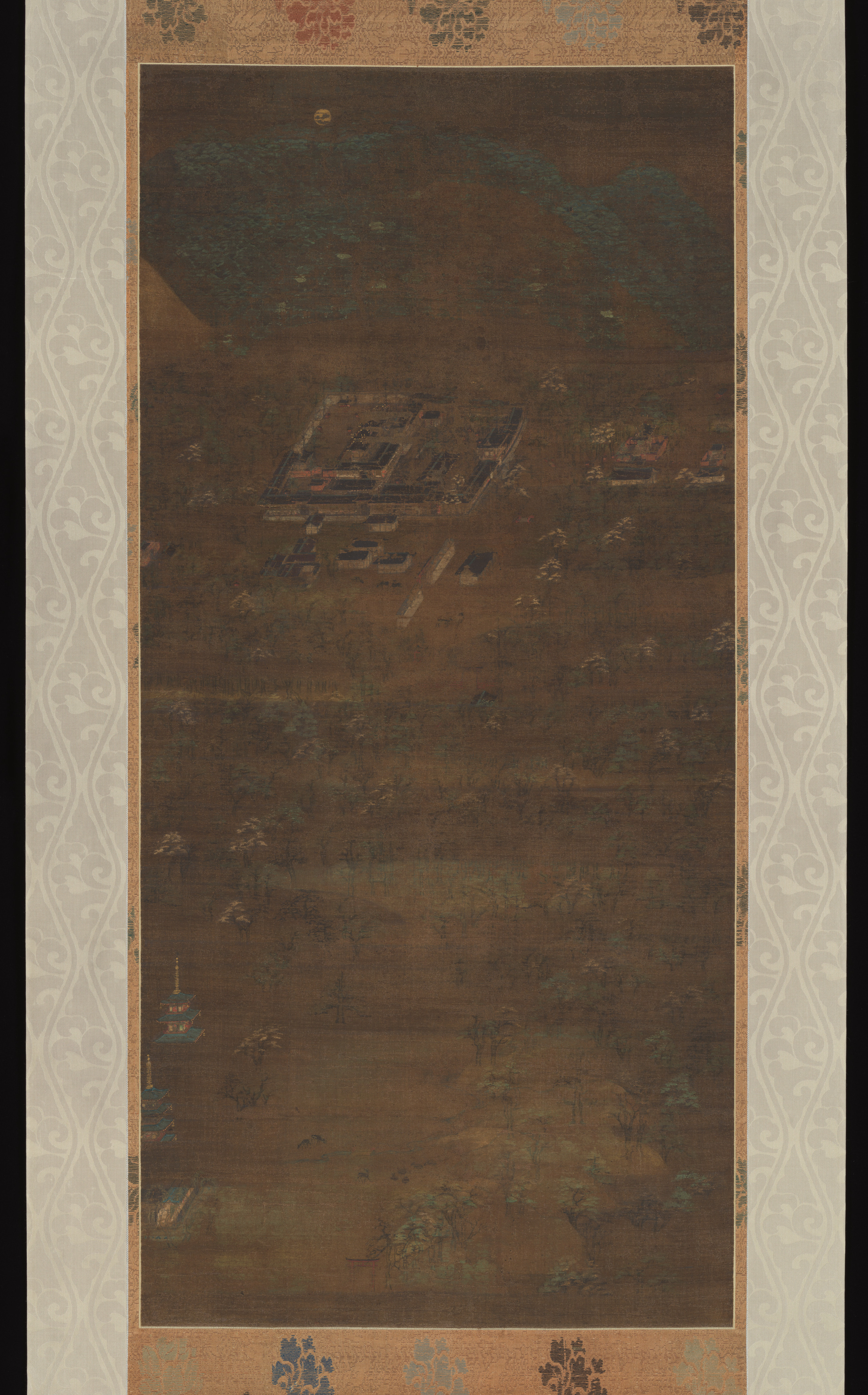 Kamakura 13th-c. Kasuga shrine mandala, ink colour and gold on silk, 90 × 42 cm. Path ascends past five shrine halls and deer; five honji Buddhas above Mt. Mikasa.