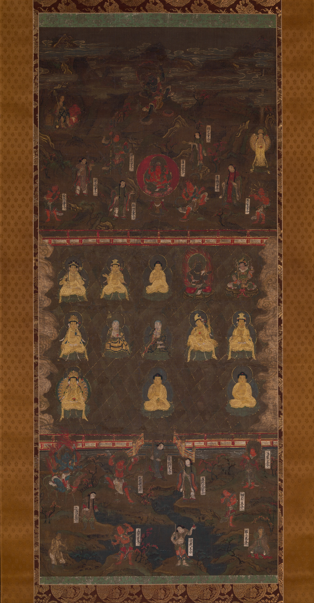 Nanbokuchō early-14th-c. hanging scroll, ink colour and gold on silk, 132 × 58 cm. Three Kumano shrines stacked vertically — Nachi, Shingū, Hongū — each with its honji Buddha.