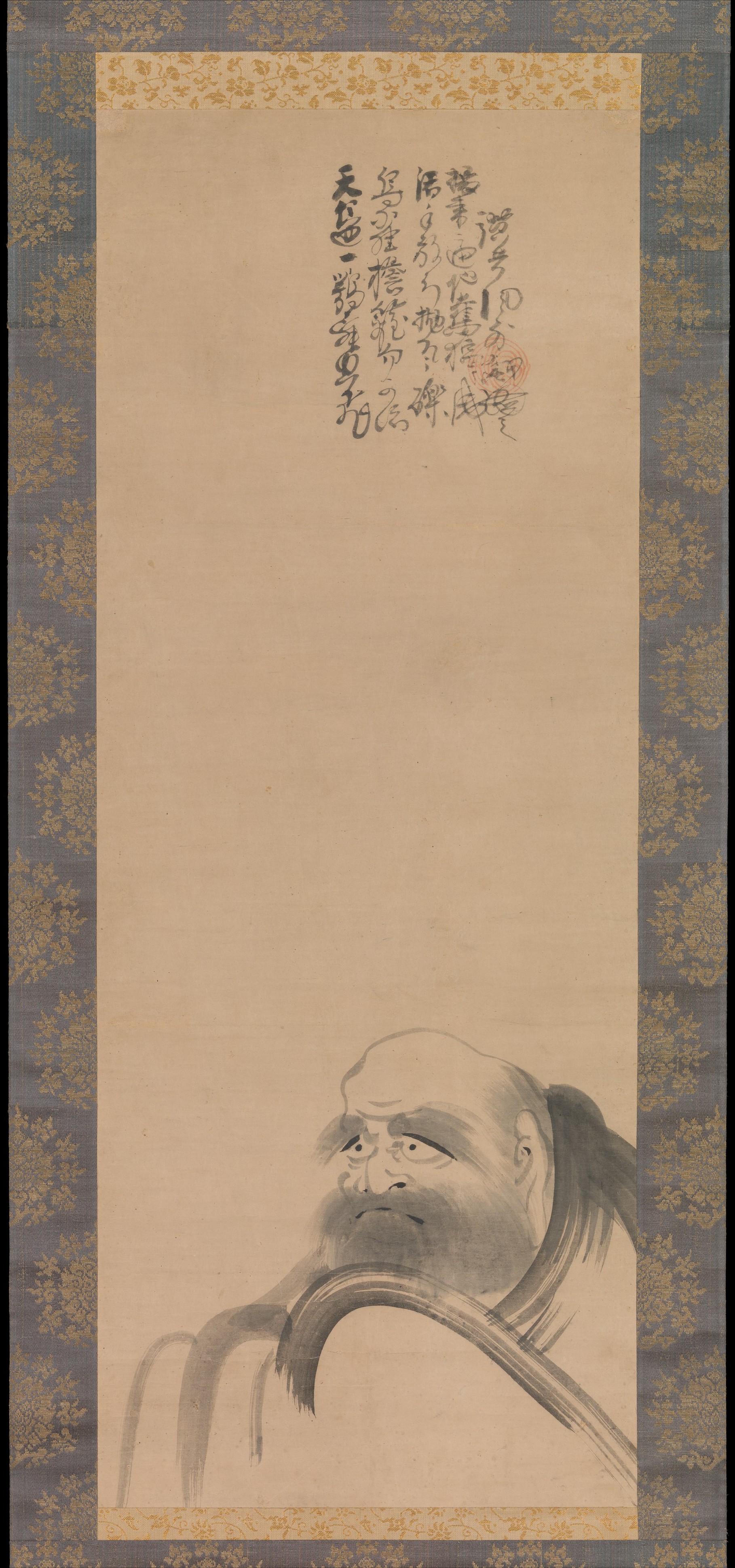 Fūgai Ekun, Momoyama–early-Edo 17th c. Hanging scroll, ink on paper, 78 × 31 cm. Half-length frontal Daruma in dry brush; the hermit-painter idiom before Hakuin.