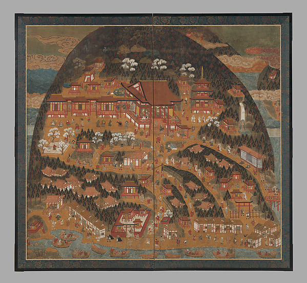 Muromachi 16th-c. two-panel folding-screen pilgrimage mandala of Chōmeiji on Lake Biwa. Ink colour gofun and gold on paper, 148 × 161 cm. Stone staircase up the hill.
