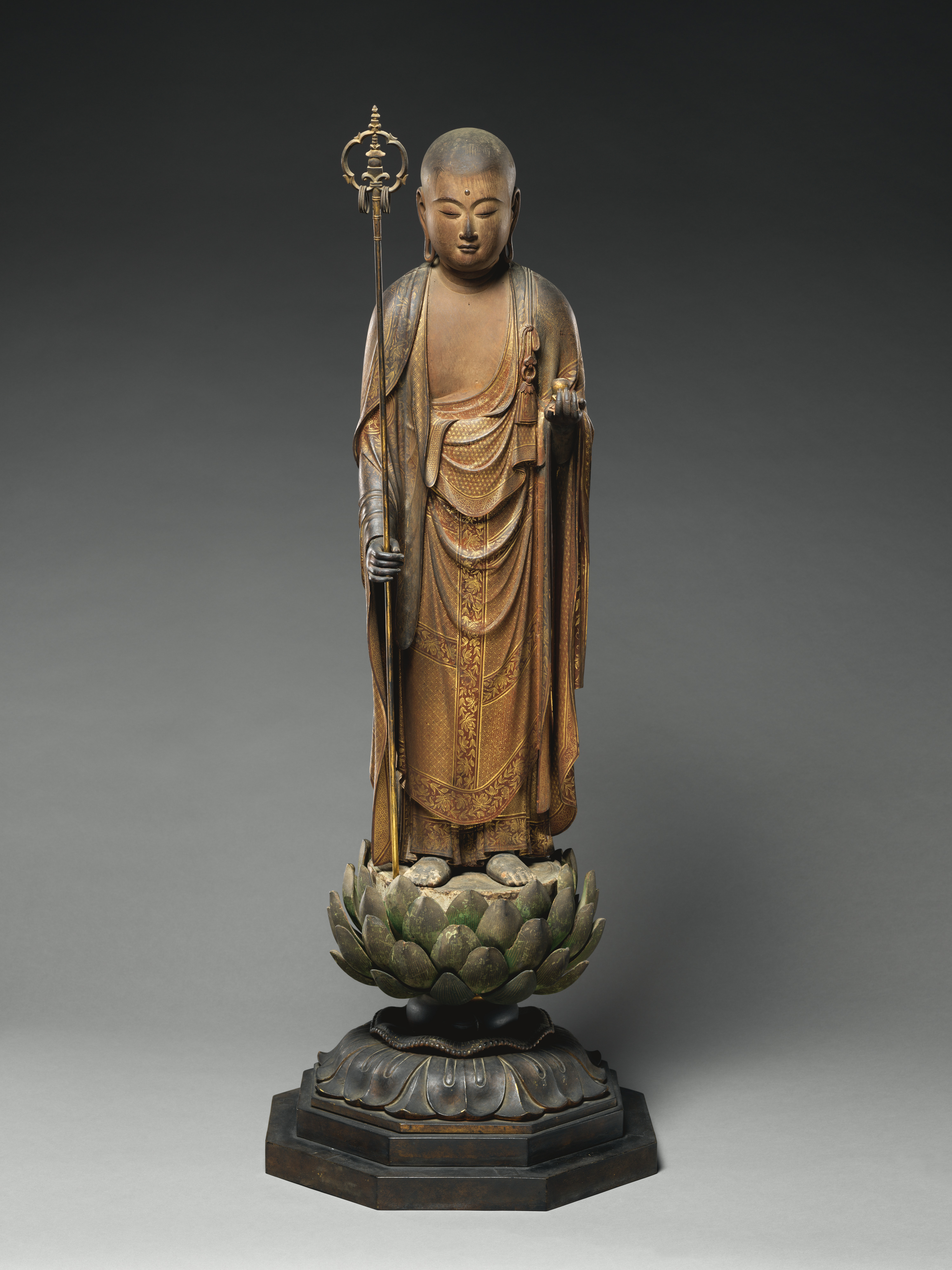 Intan, standing Jizō Bosatsu, Kamakura 1291, painted cypress with kirikane and gyokugan, 136 cm. Right hand raised in sermon mudra; left holds the nyoi-hōju.