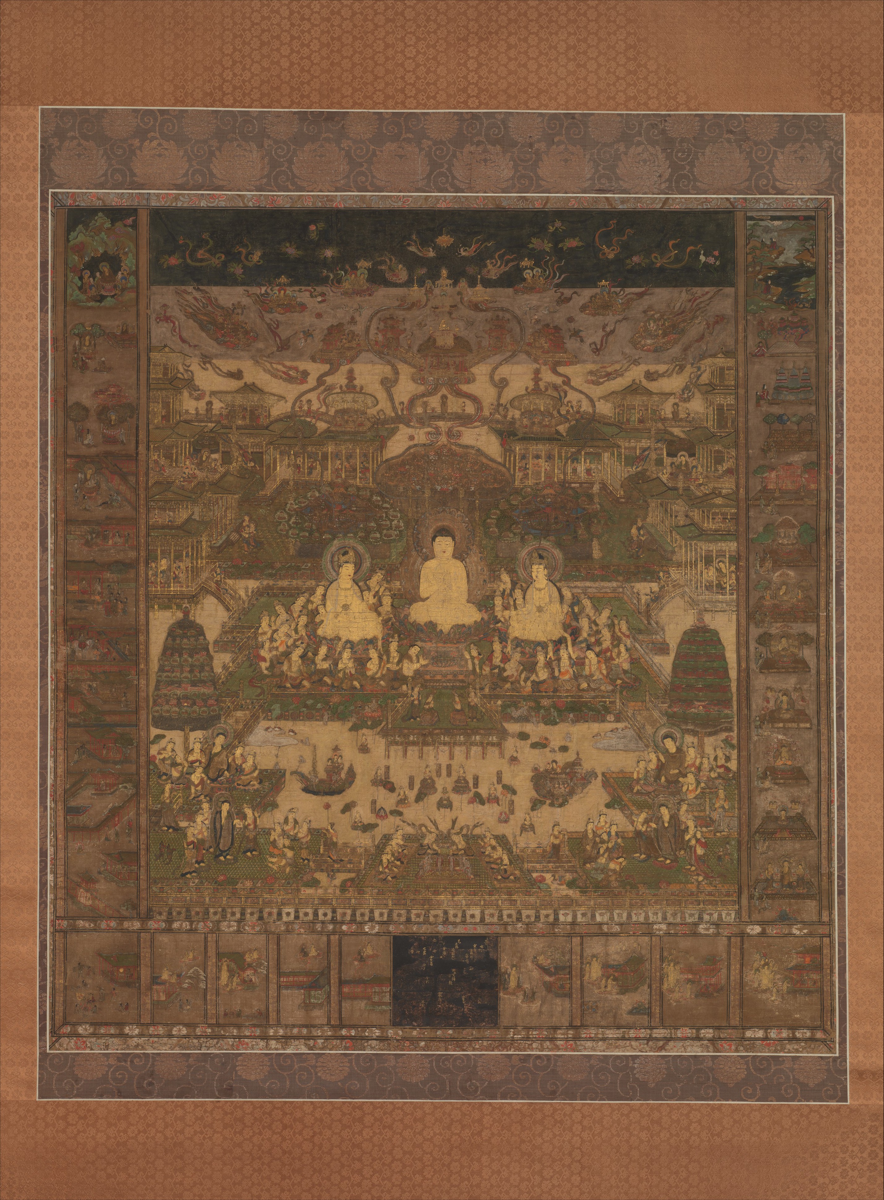 Nanbokuchō late-14th-c. Taima Mandala hanging scroll, colour and gold on silk, 133 × 122 cm. Sukhāvatī at centre; Vaidehi narrative left, contemplations right, rebirths below.