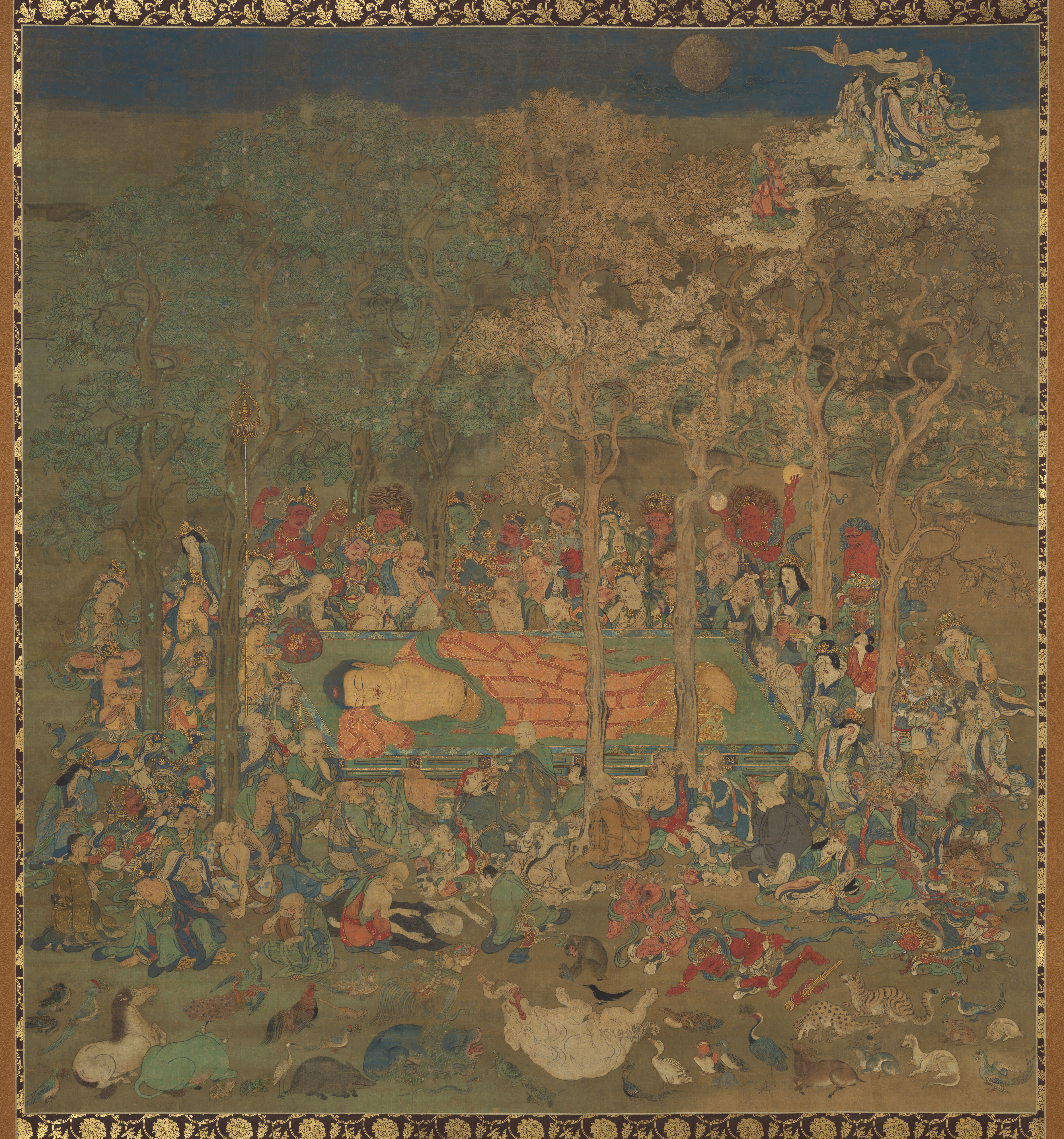 Near-square Kamakura silk nehan-zu, c. 197 × 189 cm. The reclining Buddha lies head-left on a railed couch under sala trees, ringed by mourners, Māyā on cloud at upper right.