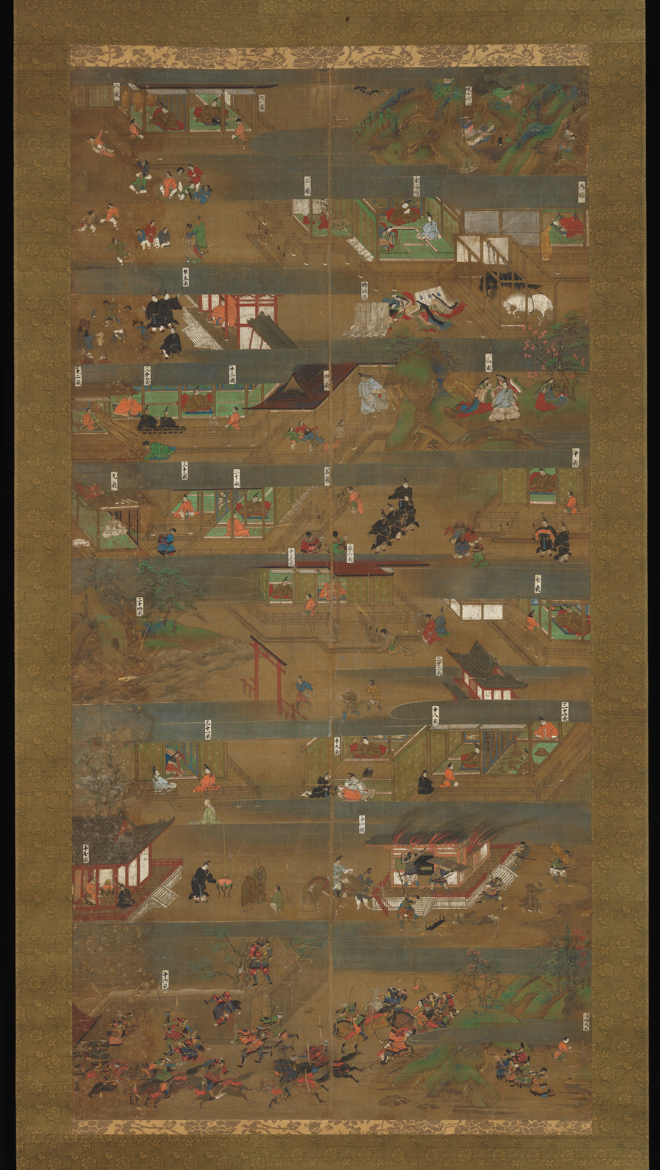 A tall Kamakura hanging scroll on silk crowded with small court-robed figures among palace buildings, hills, and a horse, episodes from Prince Shōtoku's life on one landscape.