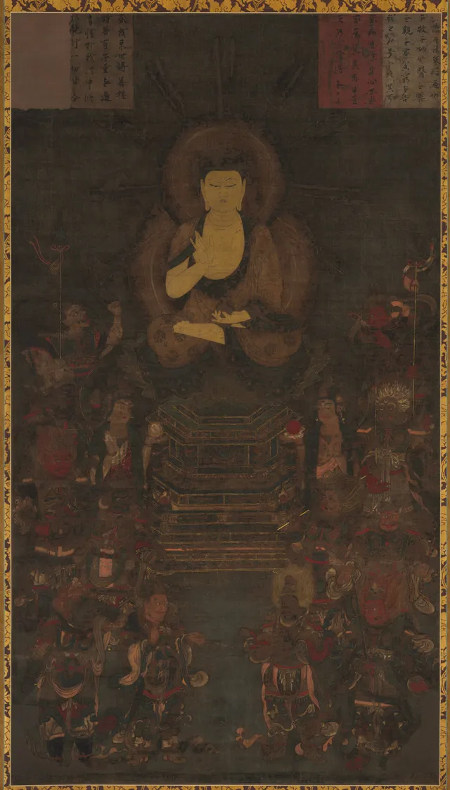 Kamakura 1200s hanging scroll, ink colour gold and silver on silk, 151 × 84 cm. Gold Yakushi on a shumidan altar with medicine jar; Nikkō and Gakkō flank; twelve generals.
