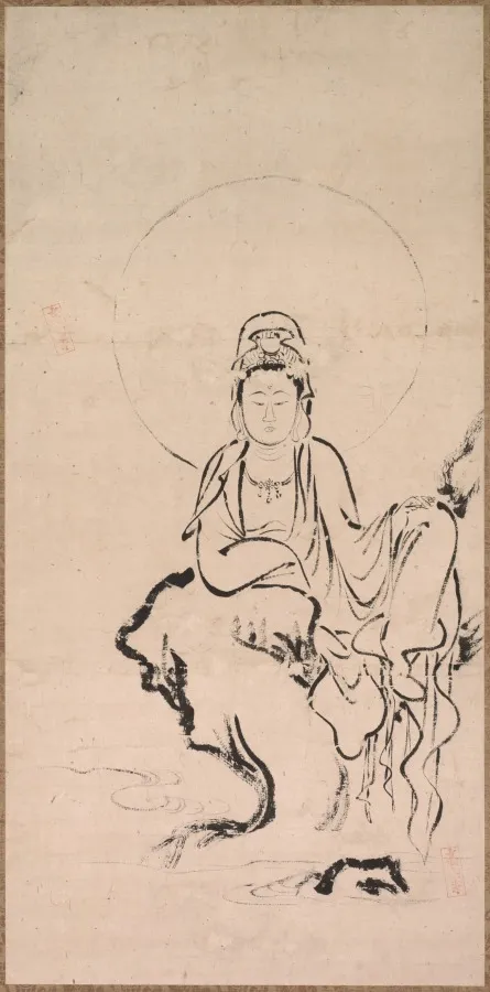 Seated bodhisattva in royal-ease posture on a darkly-inked rock by water, head veiled and crowned, with a single thin ink-circle halo behind. Multiple collector seals visible.
