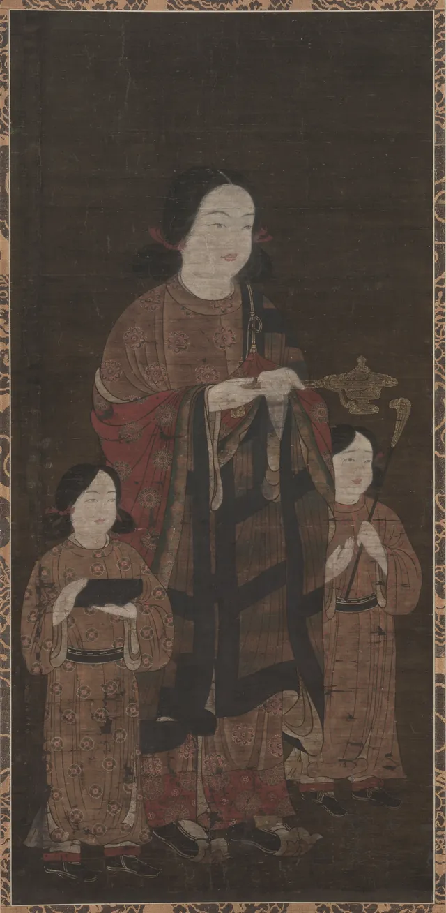 Muromachi hanging scroll, ink and colour on silk, 1400s–1500s, 122 cm. Standing prince Shōtoku with a long-handled incense burner — the kōyō-zō type.