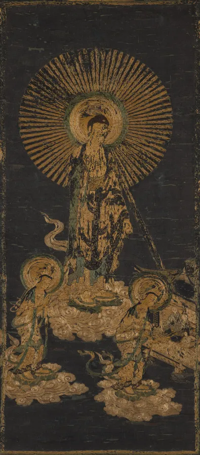 Muromachi 15th-c. embroidered hanging scroll in silk and human hair, 109 × 37 cm. Amida descends with Kannon and Seishi; a monk, a woman, a child pray below.