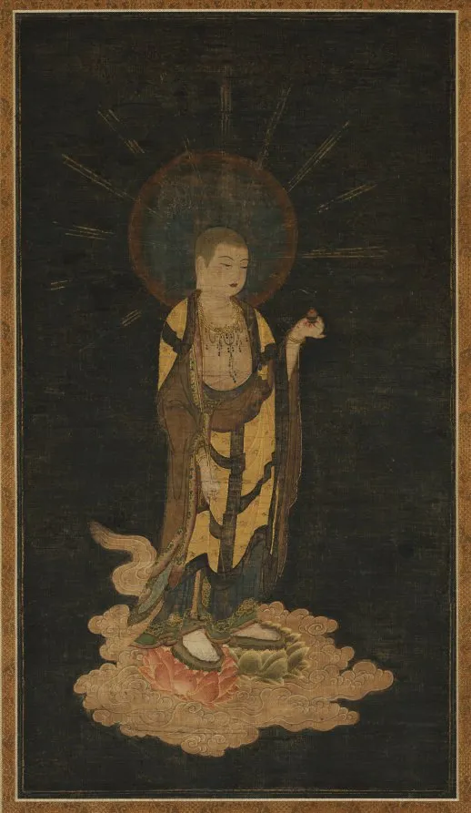 Kamakura 13th-c. hanging scroll, colour gold and kirikane on silk, 59 × 33 cm. Monk-form Jizō descends on lotus with cintāmaṇi and shakujō; cut-gold robe.