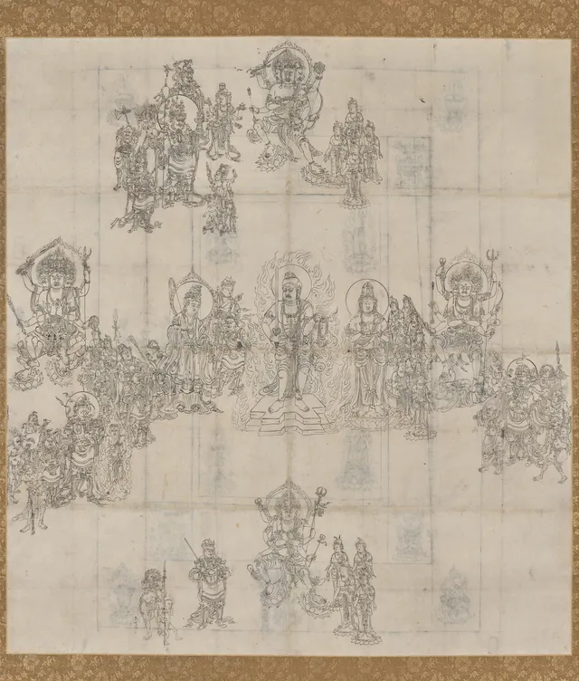 Heian zuzō working drawing for the Ninnōkyō mandala, 1100s, ink on paper, 122 × 112 cm. Fudō Myōō at centre, four wisdom kings holding the directions.