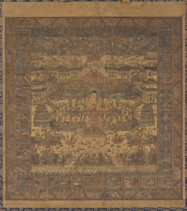 Kamakura early-14th-c. Taima Mandala hanging scroll, ink colour and gold on silk, 136 × 140 cm. Sukhāvatī centre; Vaidehi left, contemplations right, rebirth grades below.