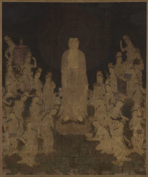 Nanbokuchō mid-1300s hanging scroll, ink colour gold silver and kirikane on silk, 165 × 138 cm. Standing gold Amida with twenty-five bodhisattvas; biwa, shō, drums.