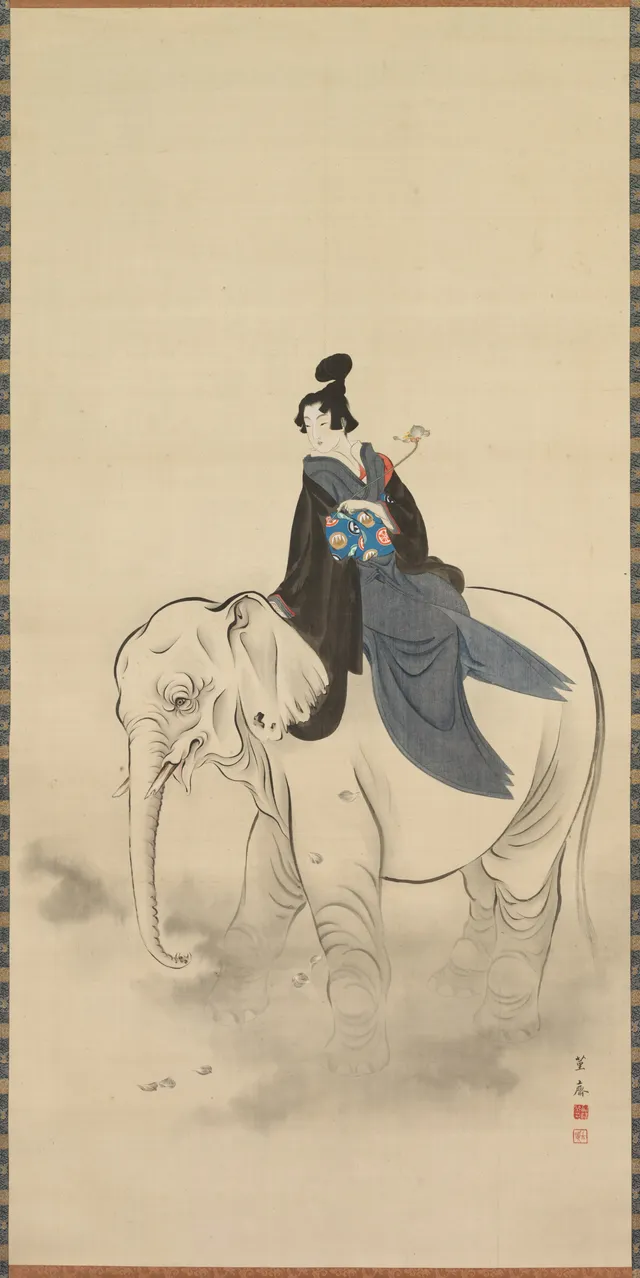 Hanging scroll: a standing woman in late-Edo dress with built-up pinned hair holds one lotus stem; a few petals fall; the silk around her is bare, with no elephant and no halo.