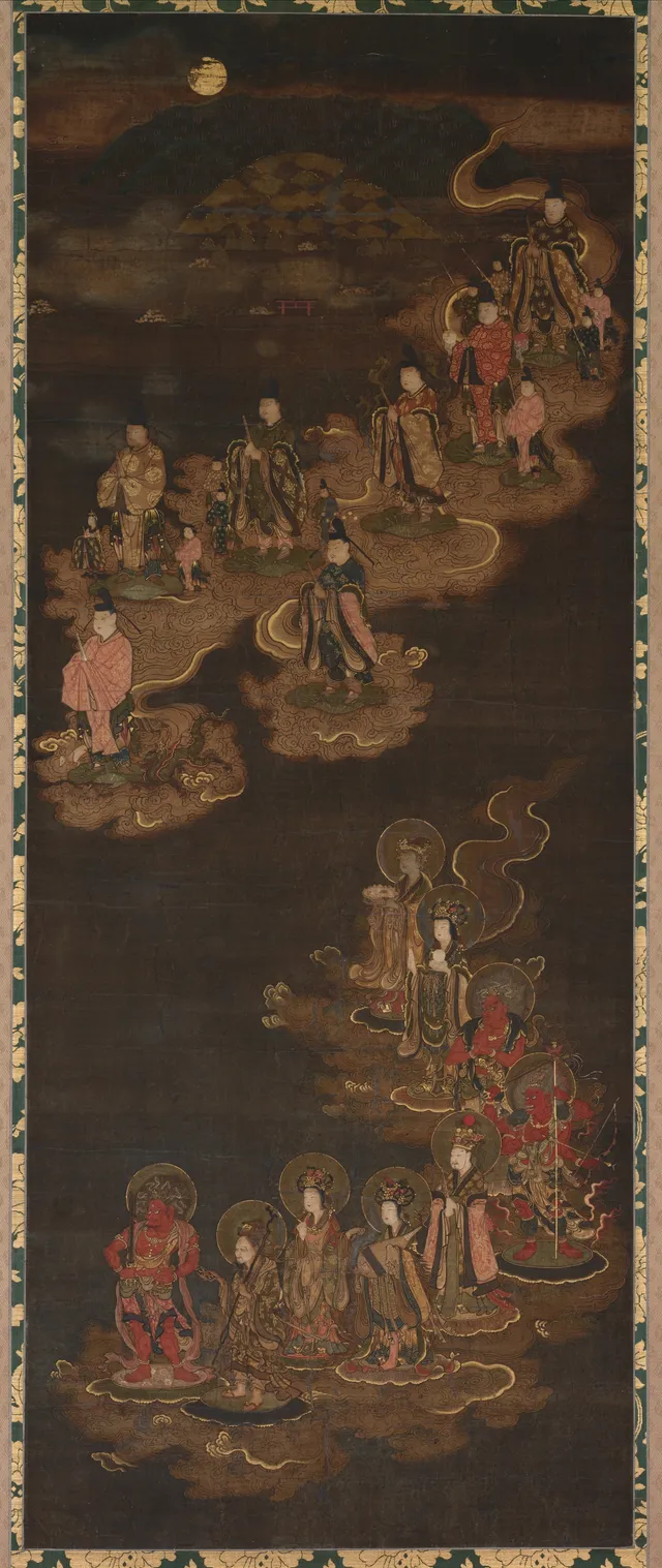 A tall Nanbokuchō hanging scroll: the moon and the Kasuga mountain range with a red torii at the top, the seven Big Dipper stars as robed figures descending on cloud banks in the