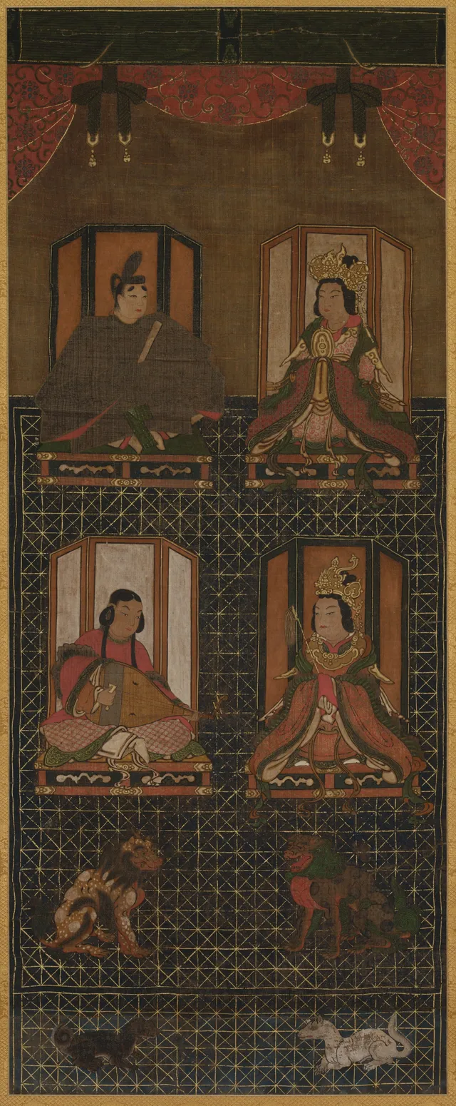 Muromachi 16th-c. hanging scroll, ink colour and cut gold foil on silk, painting 97.5 × 39.3 cm. Two seated court figures above — a man in Japanese robes and a woman in Tang-style