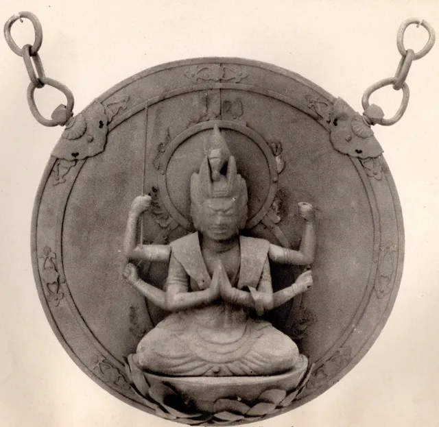 Kamakura 1271 gilt-bronze Batō Kannon kakebotoke from Tōkannon-ji (1923 photograph). Seated wrathful bodhisattva with a small horse-head in the crown; flame mandorla.