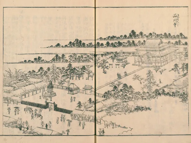 Edo 1834 woodblock from the *Edo Meisho Zue* showing Honsen-ji at Shinagawa. The first Edo Roku Jizō — bronze, cast 1707 — stands at the precinct front with shakujō and hōju.