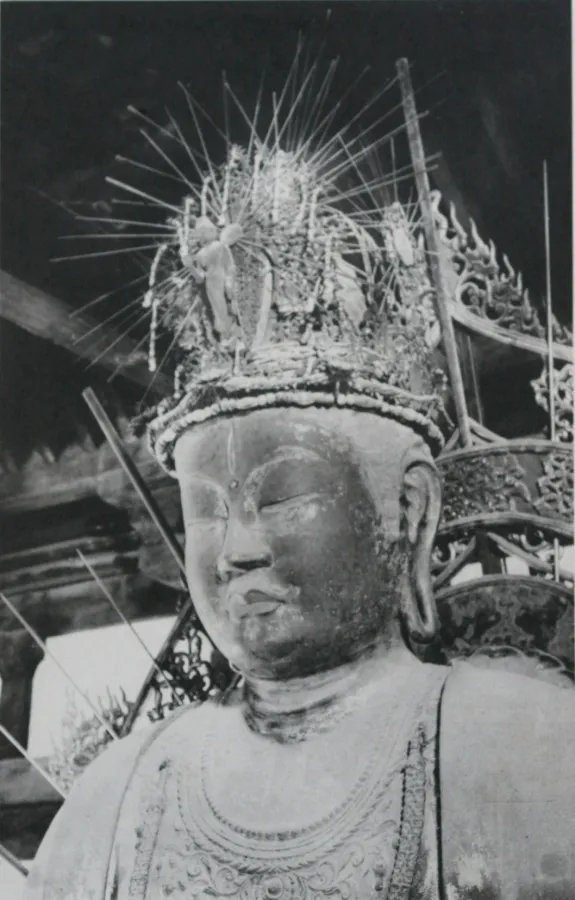 Tōdai-ji Hokke-dō Fukūkenjaku Kannon, Tenpyō dry-lacquer, c. 747, 362 cm seated. Eight arms with lasso and lotus; three eyes; silver Amida in the crown.